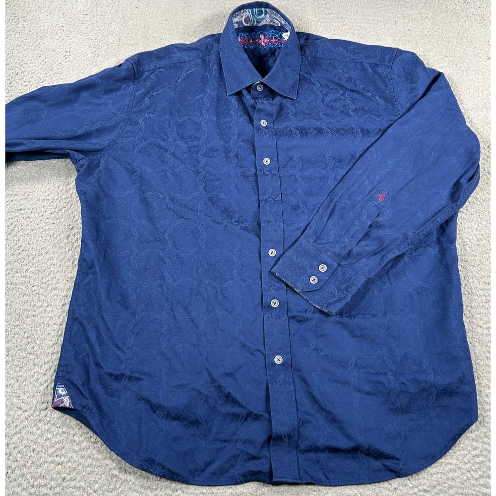 Robert Graham Shirt Mens 2XL Blue Button Up Floral Paisley Flip Cuff Embroidered
